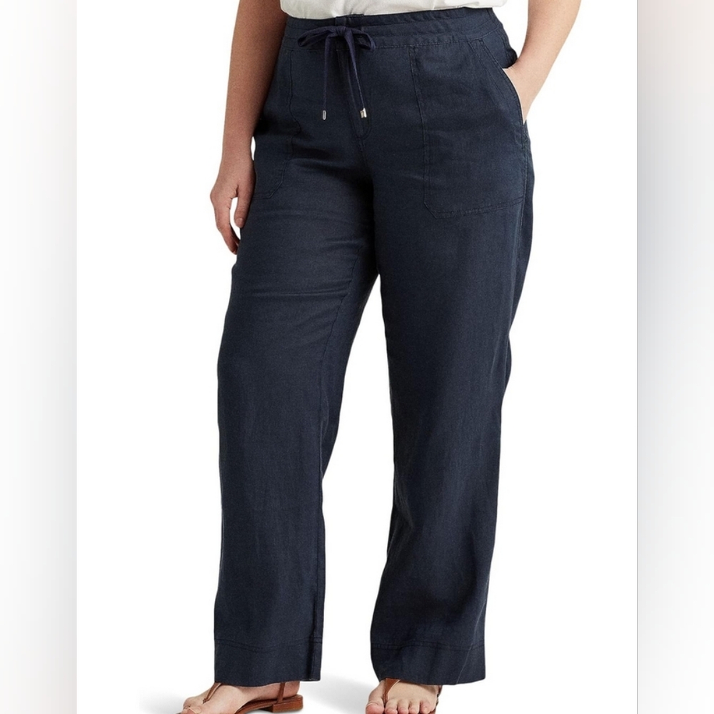 Lauren Ralph Lauren Navy Blue Wide Leg Linen Drawstring Pants NWT Womens Size 18 - Picture 14 of 14